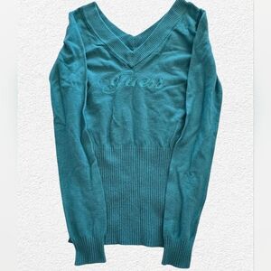Guess Teal V-Neck Sweater Womens Medium Fitted Knit Long Sleeve Logo Y2K